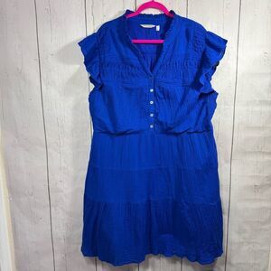 Soft Surroundings Royal Blue Flutter Sleeve Cotton Dress 1X Boho Resort Coastal